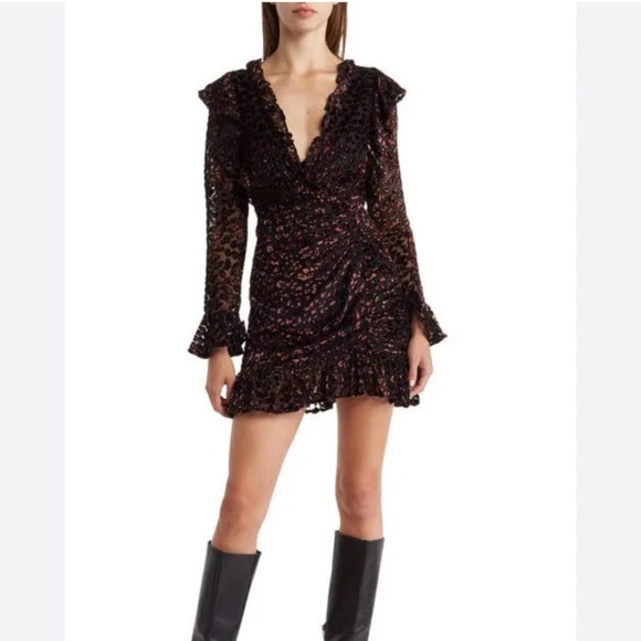 NWOT ASOS Design Ruffle Wrap Leopard Burnout Velvet Mini Dress Backless Size 10 - Picture 1 of 16